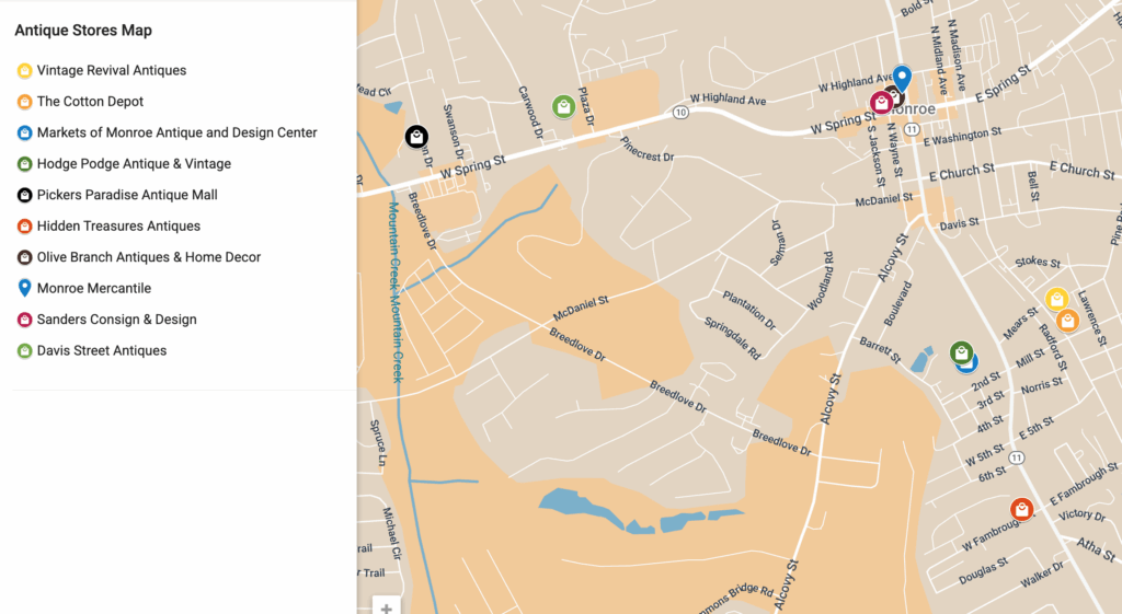 Directions to Monroe GA antique stores map to all of monroe ga antique shops