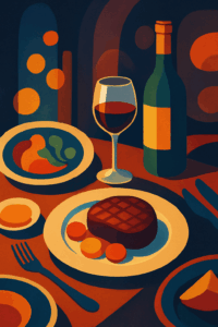 Abstract illustration of fine dining with wine, steak and plates, used as a hero image for Best Restaurants in Braselton blog post.