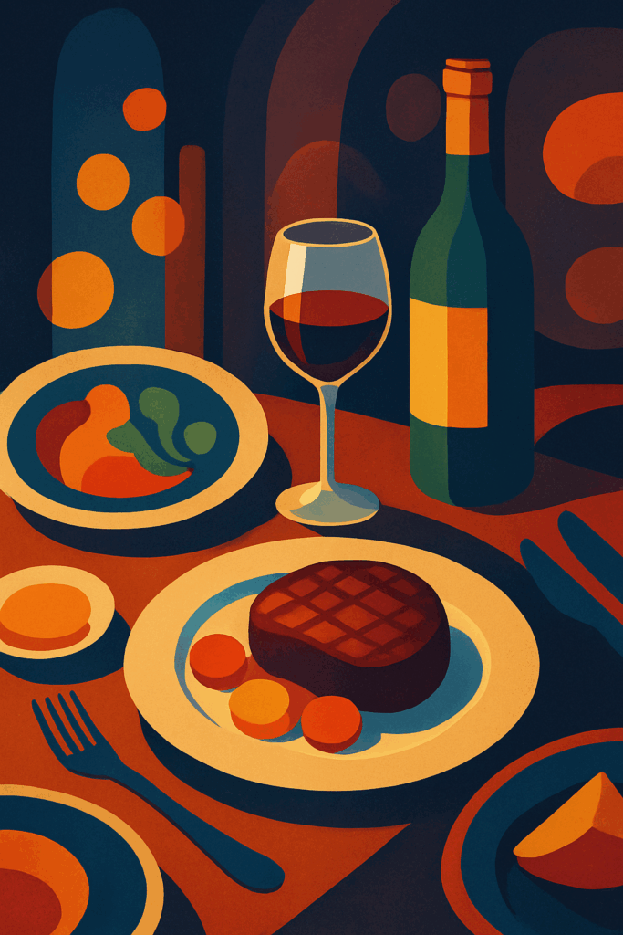 Abstract illustration of fine dining with wine, steak and plates, used as a hero image for Best Restaurants in Braselton blog post.